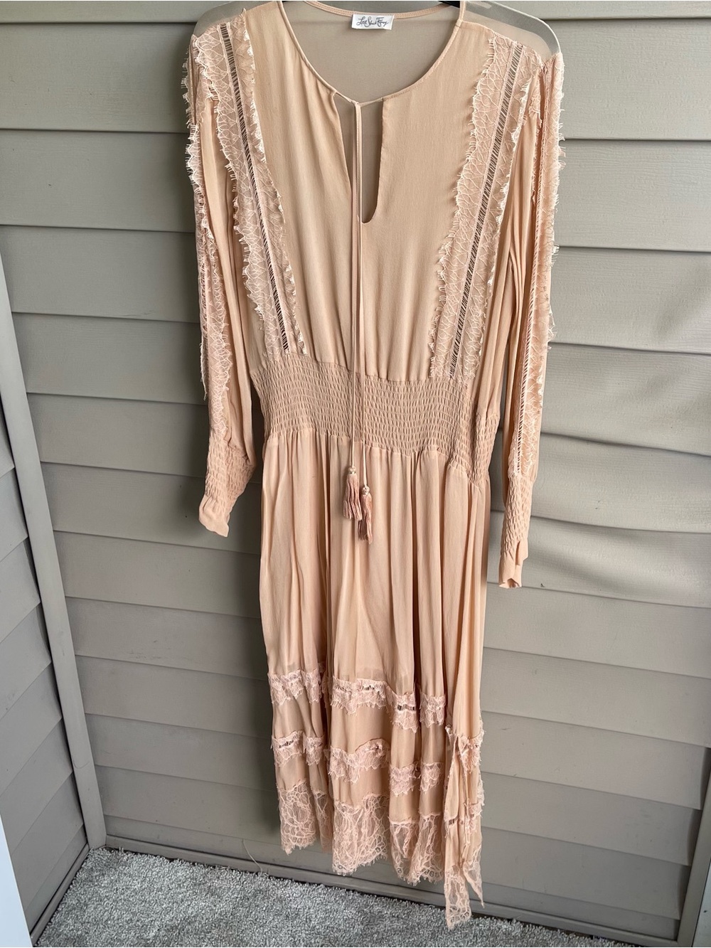 LoveShackFancy Maxi Dress Womens Small Beige Lace Maxi Boho Long Sleeve Romantic